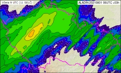 Předpověď srážek podle modelu Aladin, 1.8. 9 UTC (11 SELČ)